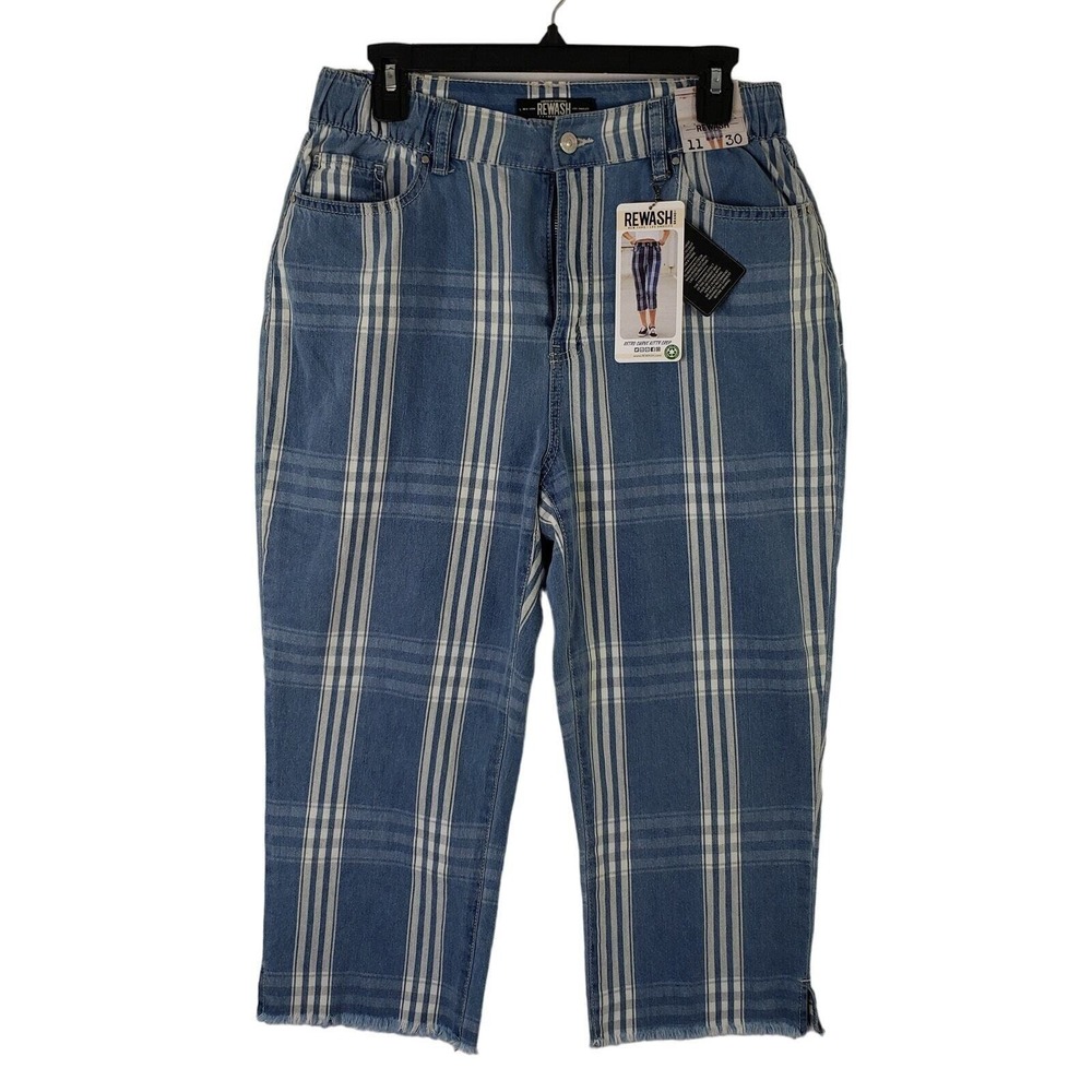 REWASH Retro Curve Kitty Crop Plaid Juniors Size 11/30 Frayed Hem Blue White New